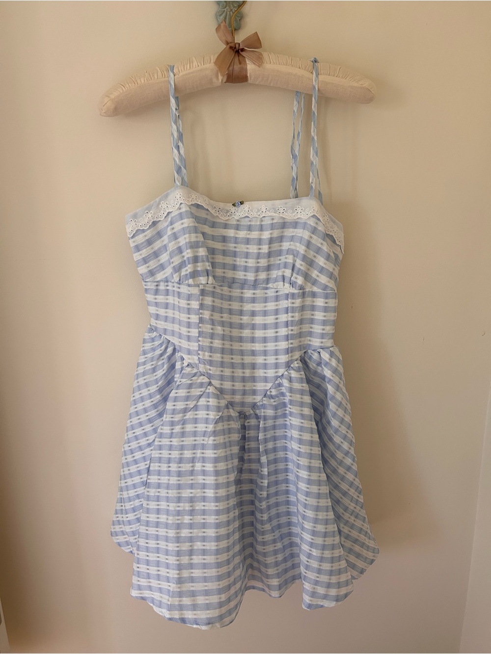 Trixxi Gingham Fairytale Mini Dress with Lace Details 
Size: S
NWT